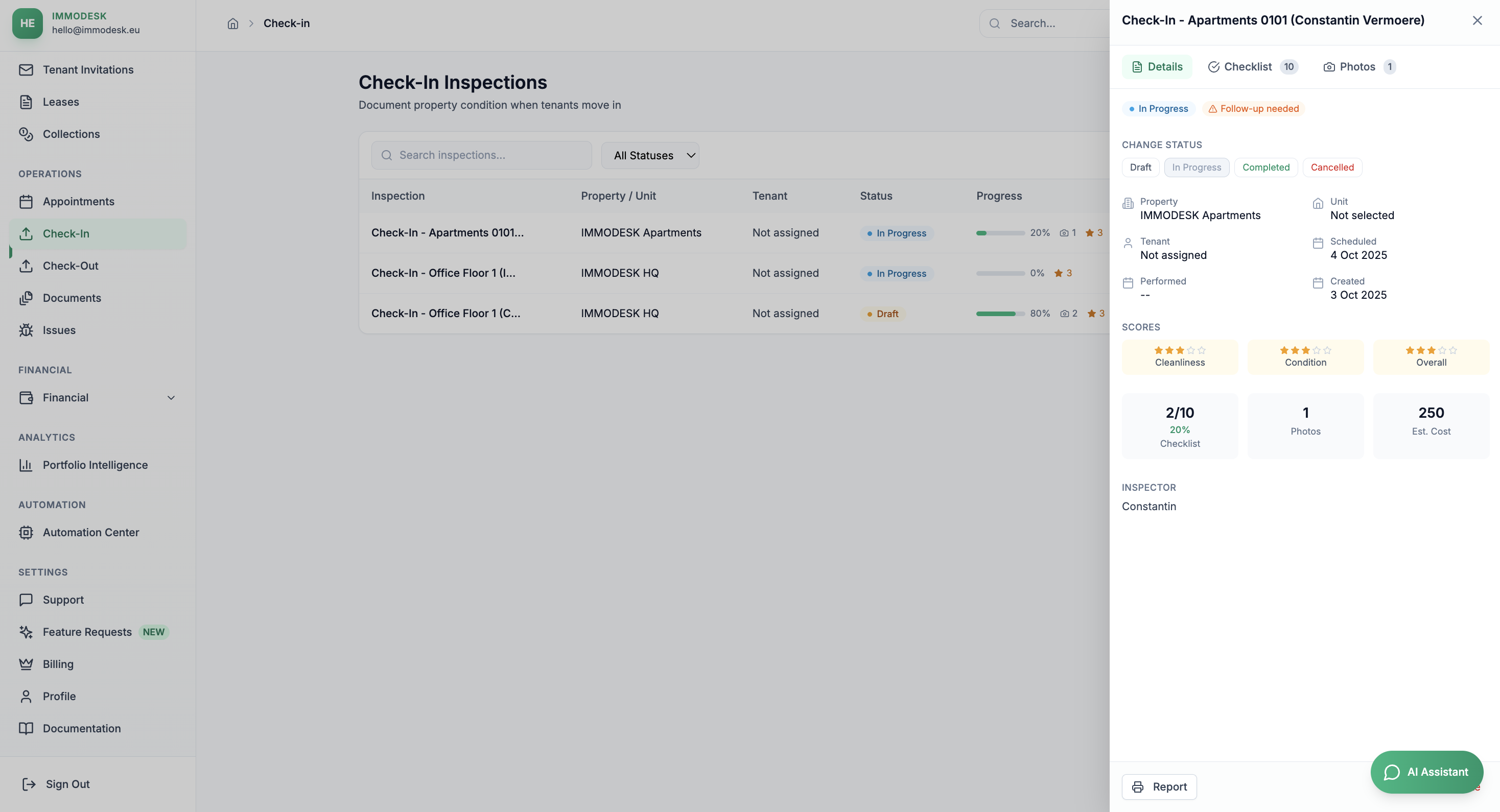 IMMODESK Check-In Inspections detail panel with checklist, photos, and scores