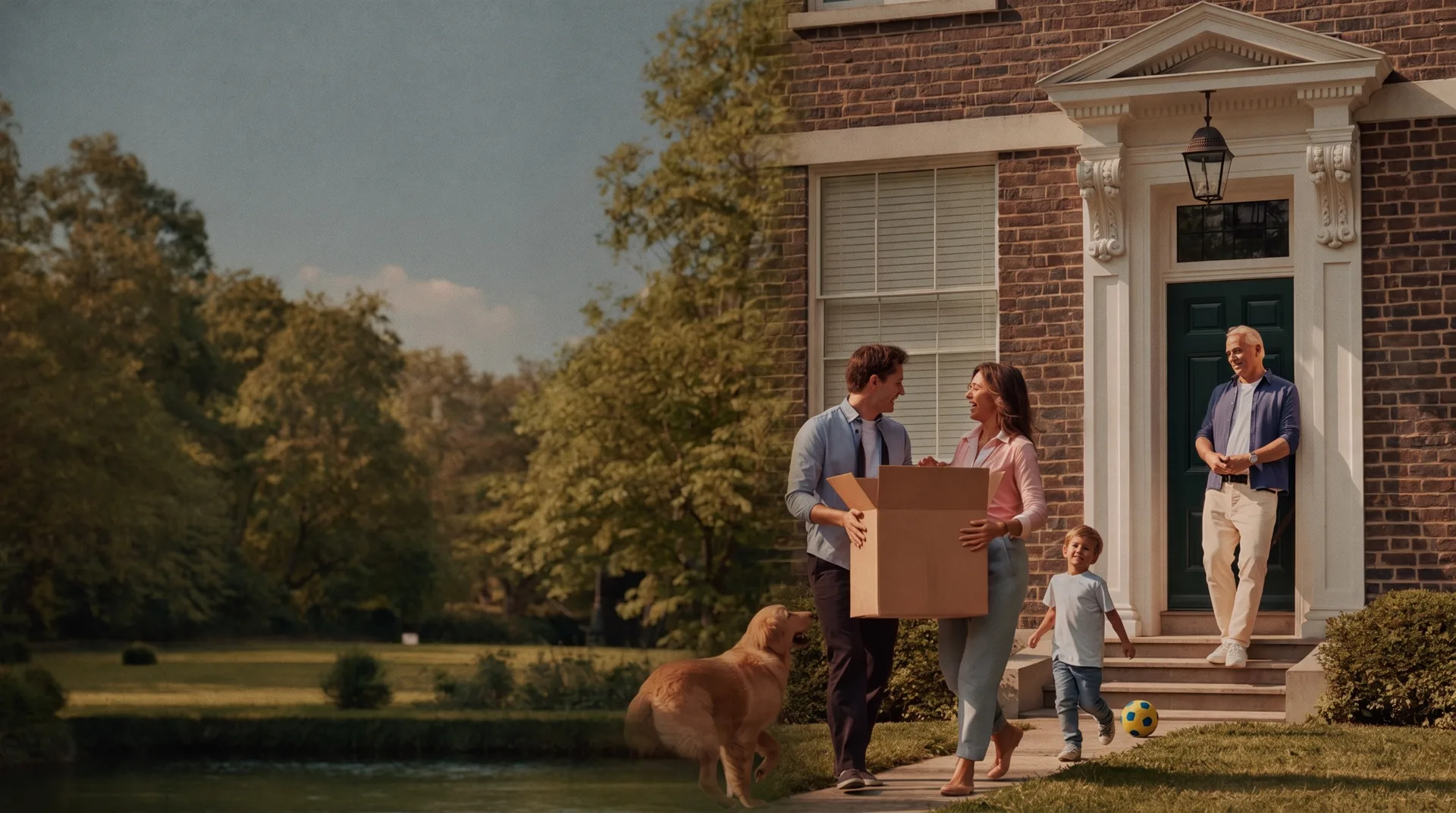 A young family moving into their new rental home while the landlord looks on from the front door