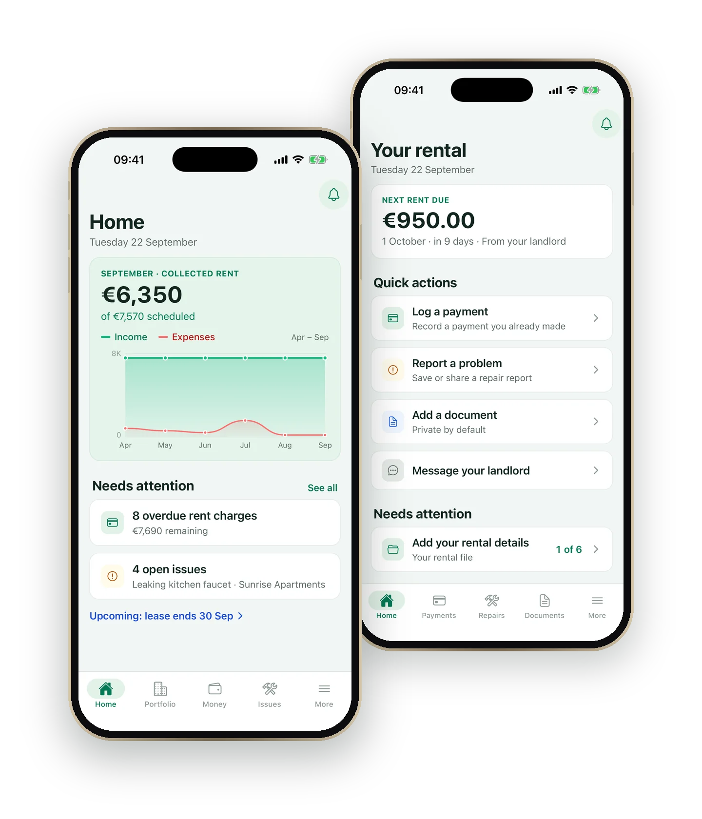 The ImmoDesk app on two phones: the landlord home screen and the tenant home screen